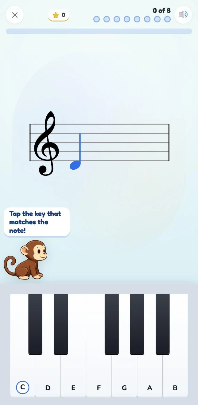 Piano Notes for Kids on a phone: a note on the stave and an on-screen keyboard