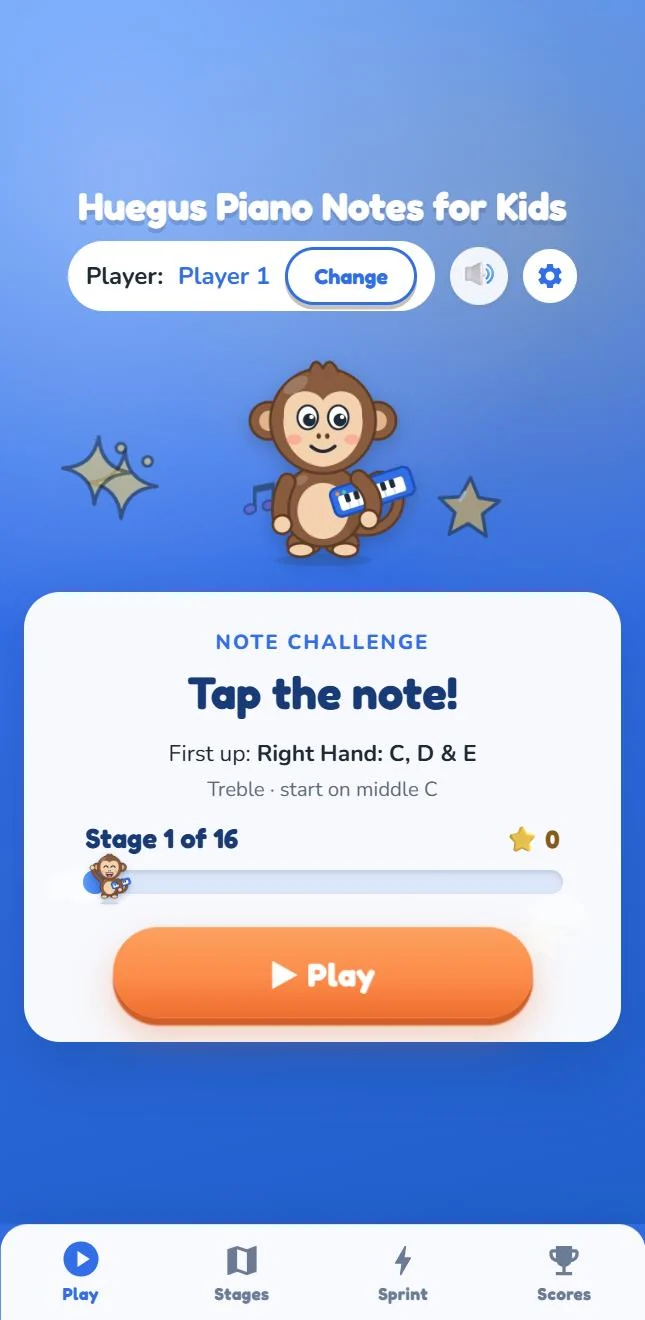 The Piano Notes for Kids home screen: a cheerful monkey holding a keyboard, the current stage, and a large Play button.