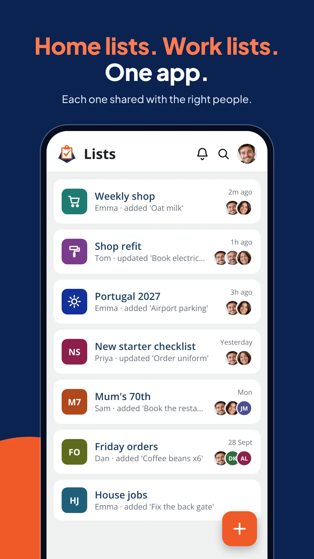 Shared List App on a phone: shared lists for home and work in one app